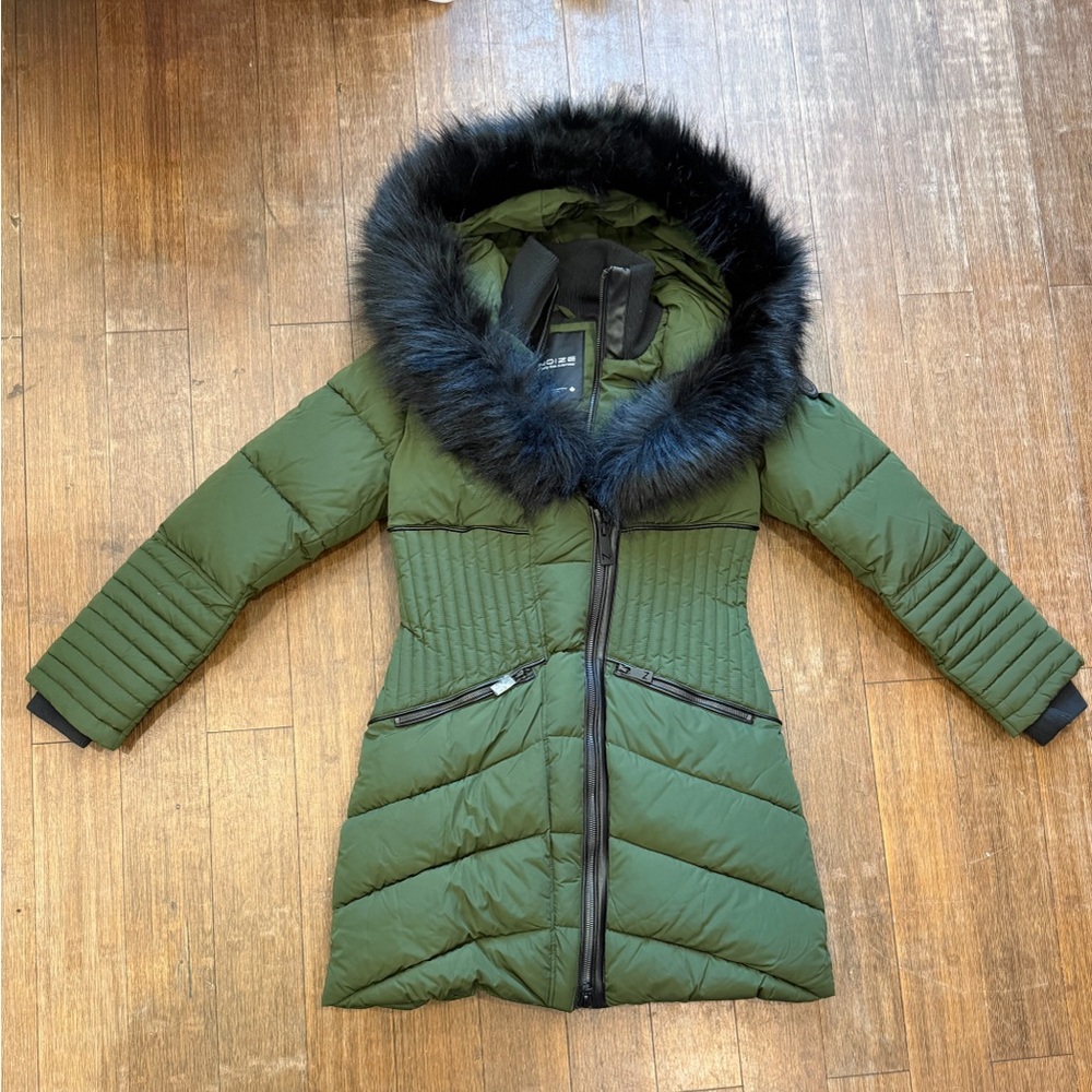 Noize Olive Puffer Jacket with Black Faux Fur